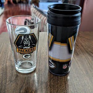 Bundle of two (2) Green Bay Packers glass and drinking thermos